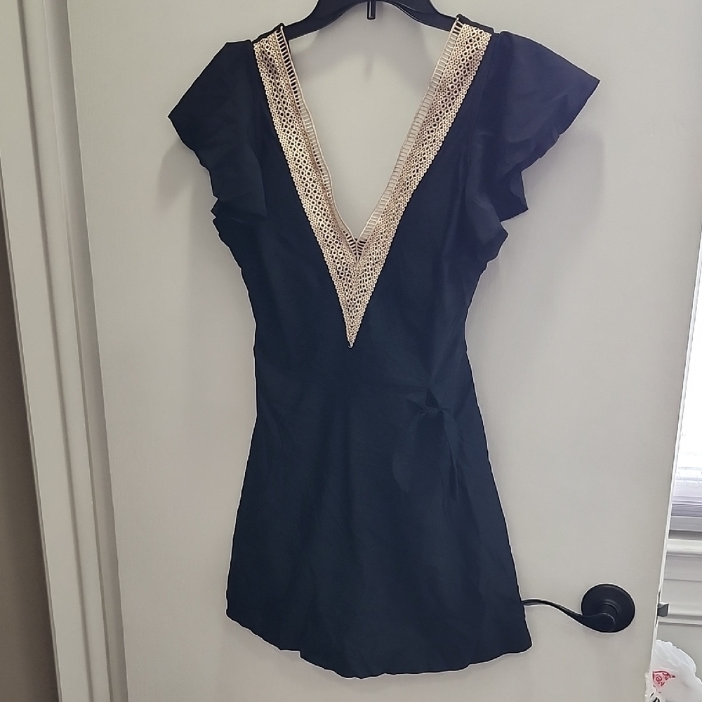 Elegant Black Swim Dress with Cream Accents Tie At Waist- Womens Size L
